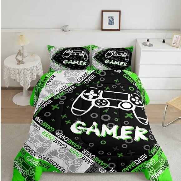NEW 3-Piece Full Size Gamer Bedding Set Comforter & 2 Pillowcases Green Black - Picture 1 of 3